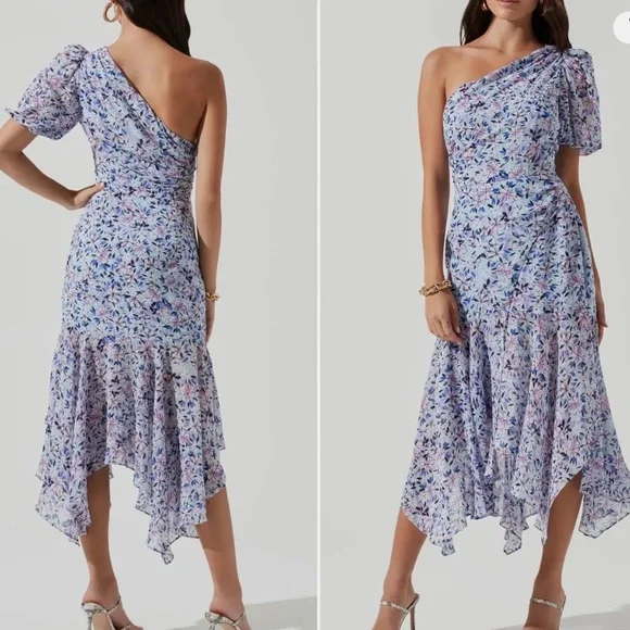 Astr The Label | Santorini Floral One Shoulder Midi Dress | Size M | Blue Multi Floral
